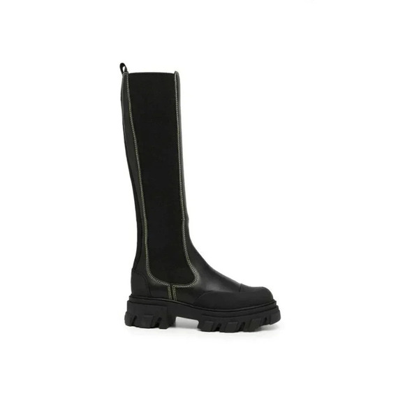Ganni Women's Black Leather Knee High Chelsea Boots Size 35 EU (MSRP $595) - Picture 1 of 12